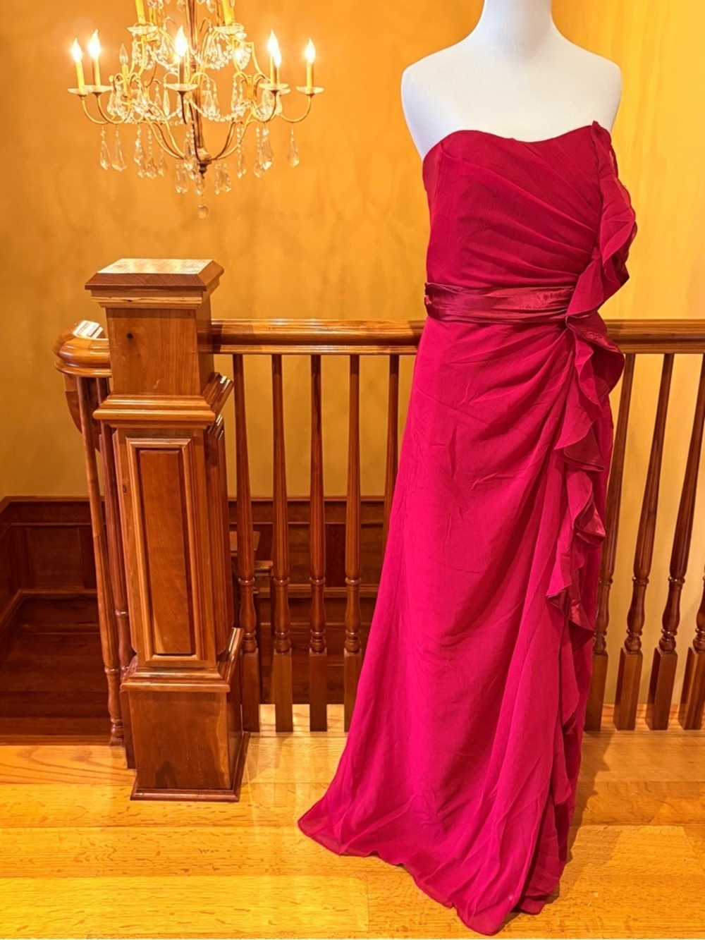 David's Bridal Strapless Ruffle Red Evening Wedding Gown Sz 14